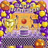 Basketball Party Decorations, 131PCS Basketball Birthday Party Supplies with Purple and Yellow Balloons Arch Kit, Basketball Theme Decor Backdrop Tablecloth Banners Cake Toppers for Game Competition