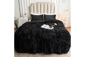 CHOSHOME Plush Shaggy Duvet Cover Queen Size, 3 PCS Fluffy Comforter Fuzzy Flannel Bedding Sets(1 Faux Fur Duvet Cover + 2 Pillowcases), Zipper Closure & 8 Corner Ties, Black