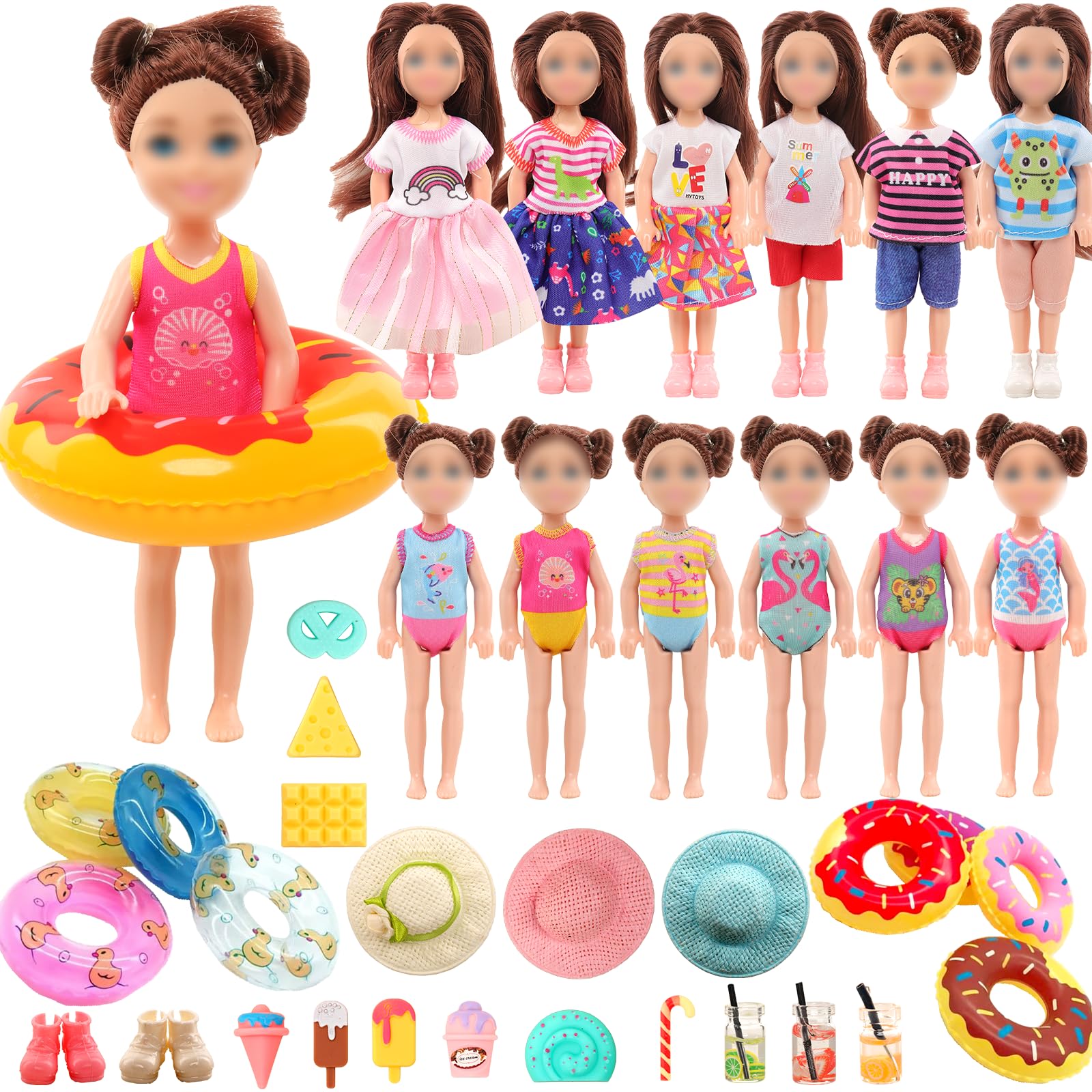 Miunana 22 Pcs Doll Summer Clothes and Accessories Including 3 Sets Random Fashion Outfits 3 Pcs Swimsuit Swimming Ring Mini Doll Shoes and Mini Doll Straw Hats for 5.3 Inch Doll