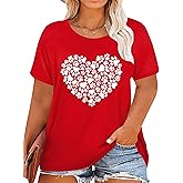 Plus Size Valentines Shirts for Women Heart Print Graphic Tees Teacher Valentine Shirt Casual Tops