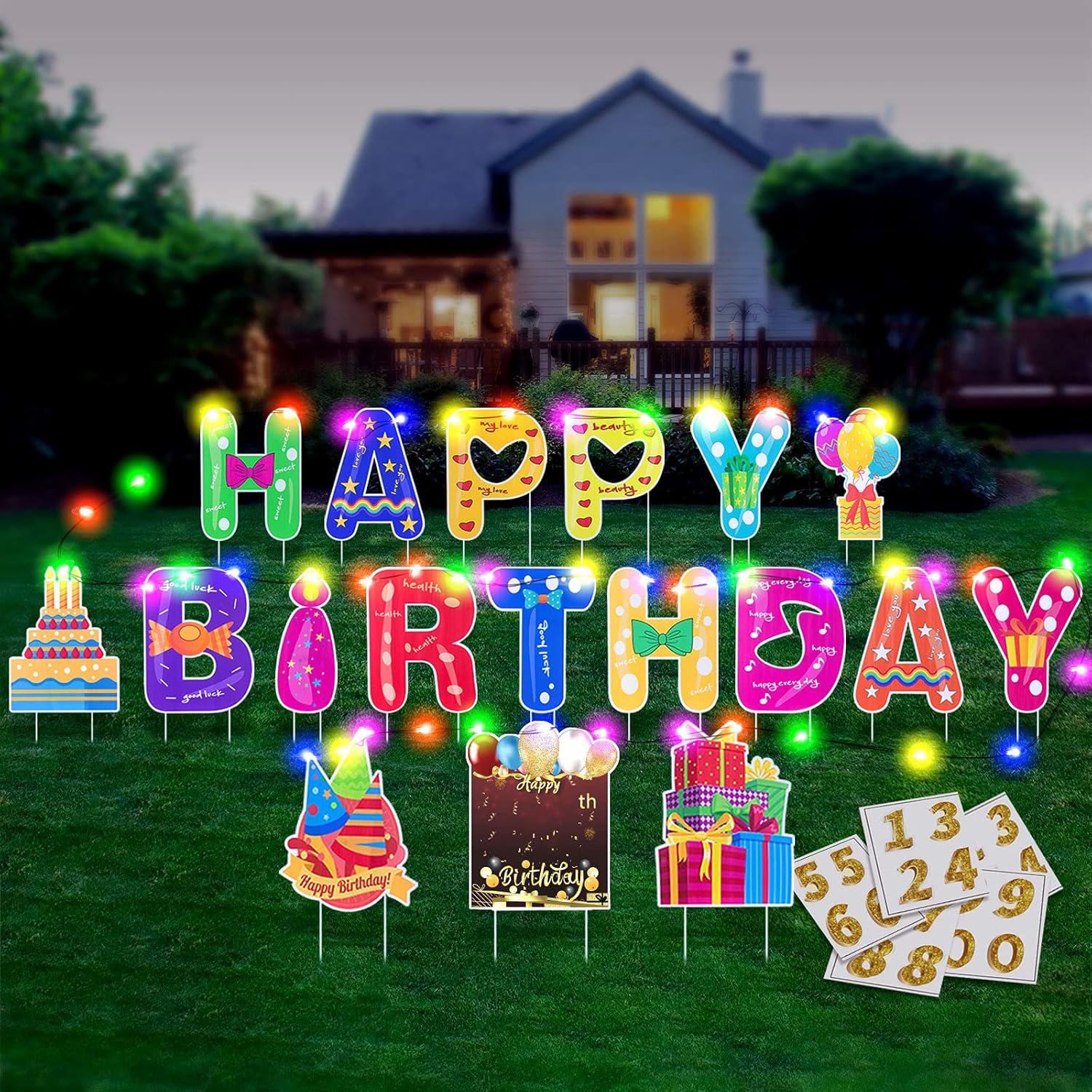 Yard Signs - HOMENOTE 18Pcs Happy Birthday Yard Signs with Stakes, 2 x 5m LED Lights and Personalized Signs, 16” Large Size - Birthday Letters Signs for Yard Lawn Outdoor Birthday Decoration Party Supplies