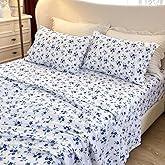 MICORAL Floral Queen Sheet Set, 4-Piece Printed Bed Sheets, 16" Deep Pocket, Ultra Soft & Cooling Sheet, Oeko-TEX Certified, Blue Blossom