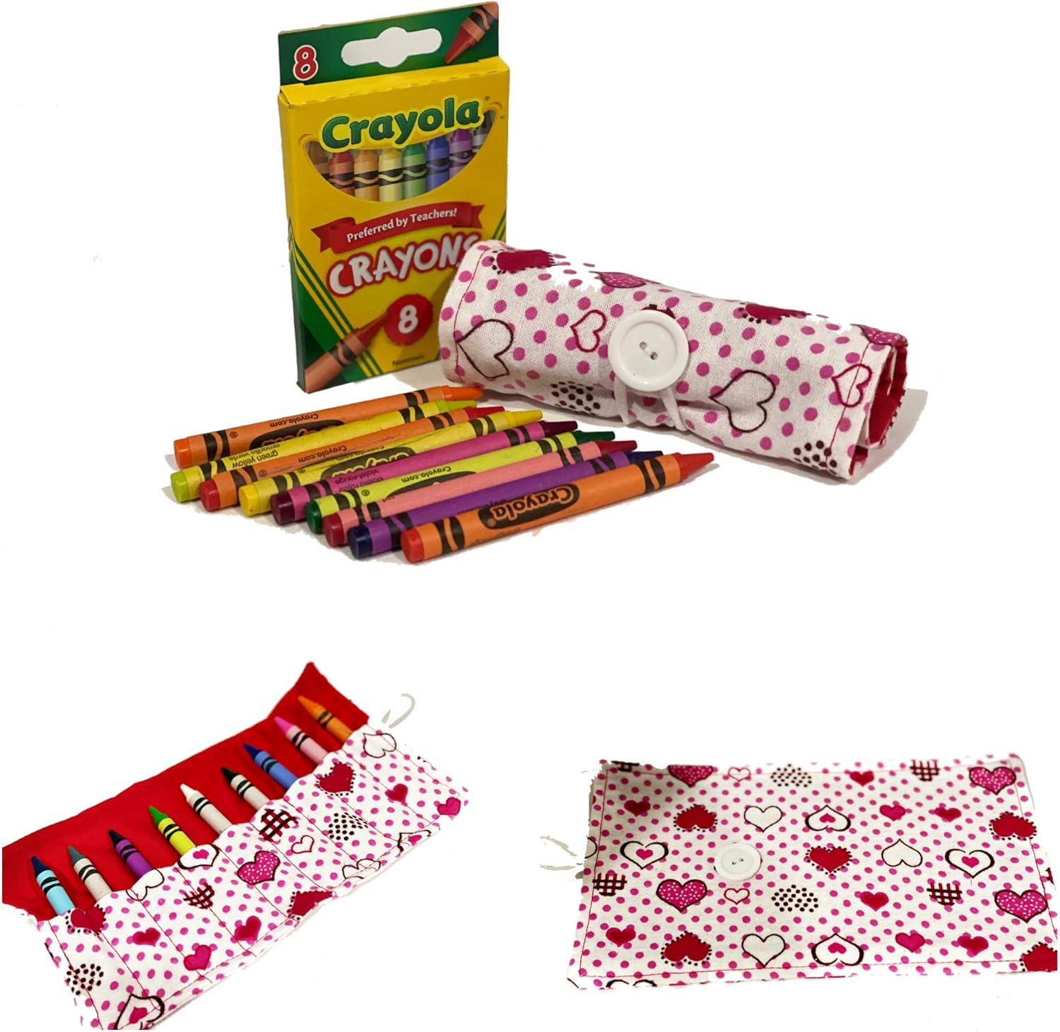 On The Go Crayons Caddy Holder wrap roll up case, Holds 9 to 18 Favorite Colors, Perfect to Keep Your Kids Organized, Inspired, & Entertained -8 Crayons Included! USA Handmade (Red Hearts, Small): Office Products