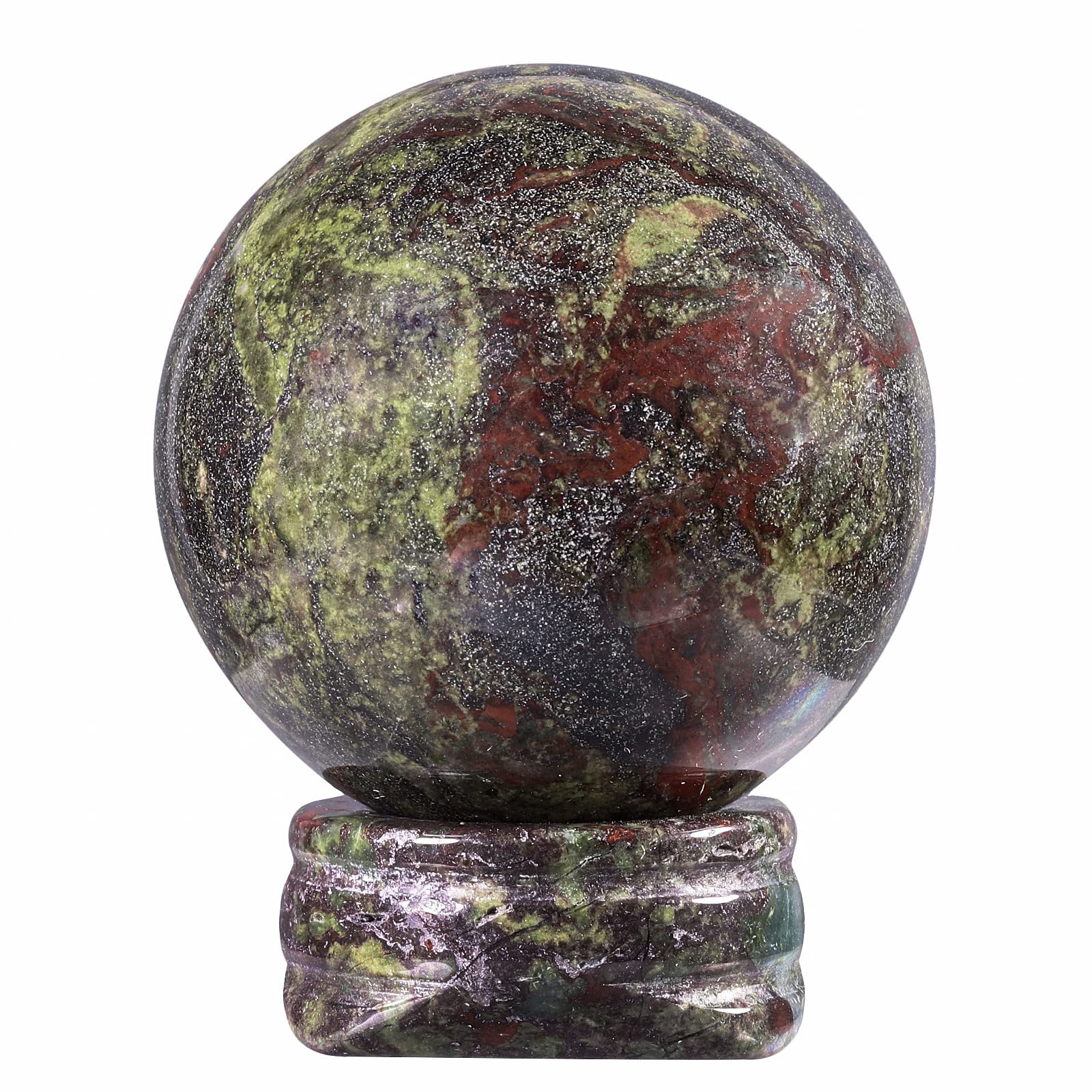 mookaitedecor Natural Dragon Bloodstone Crystal Ball Sphere with Stone Stand, Polished Carved Stone Figurine for Office Desk Top Home Decor Feng Shui, Sphere Diameter 1.5”
