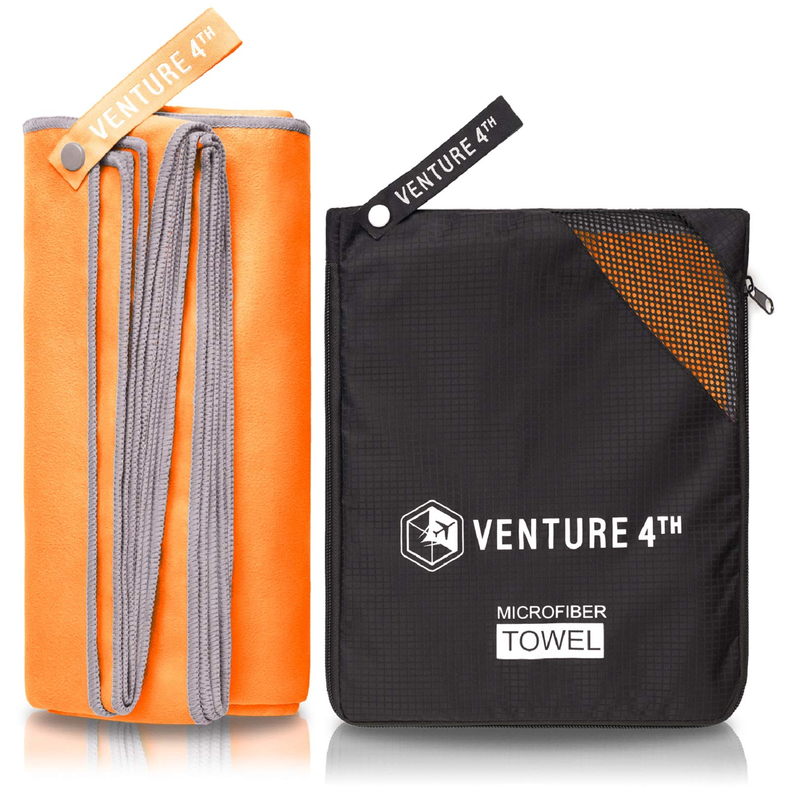 VENTURE 4TH Microfiber Travel Towel - Sports Towel: Best Shamie - Accessories for Face Care, Gym, Yoga or a Spin at The Beach - Fast Drying and Lightweight Washcloth (Orange-Gray Extra Large)