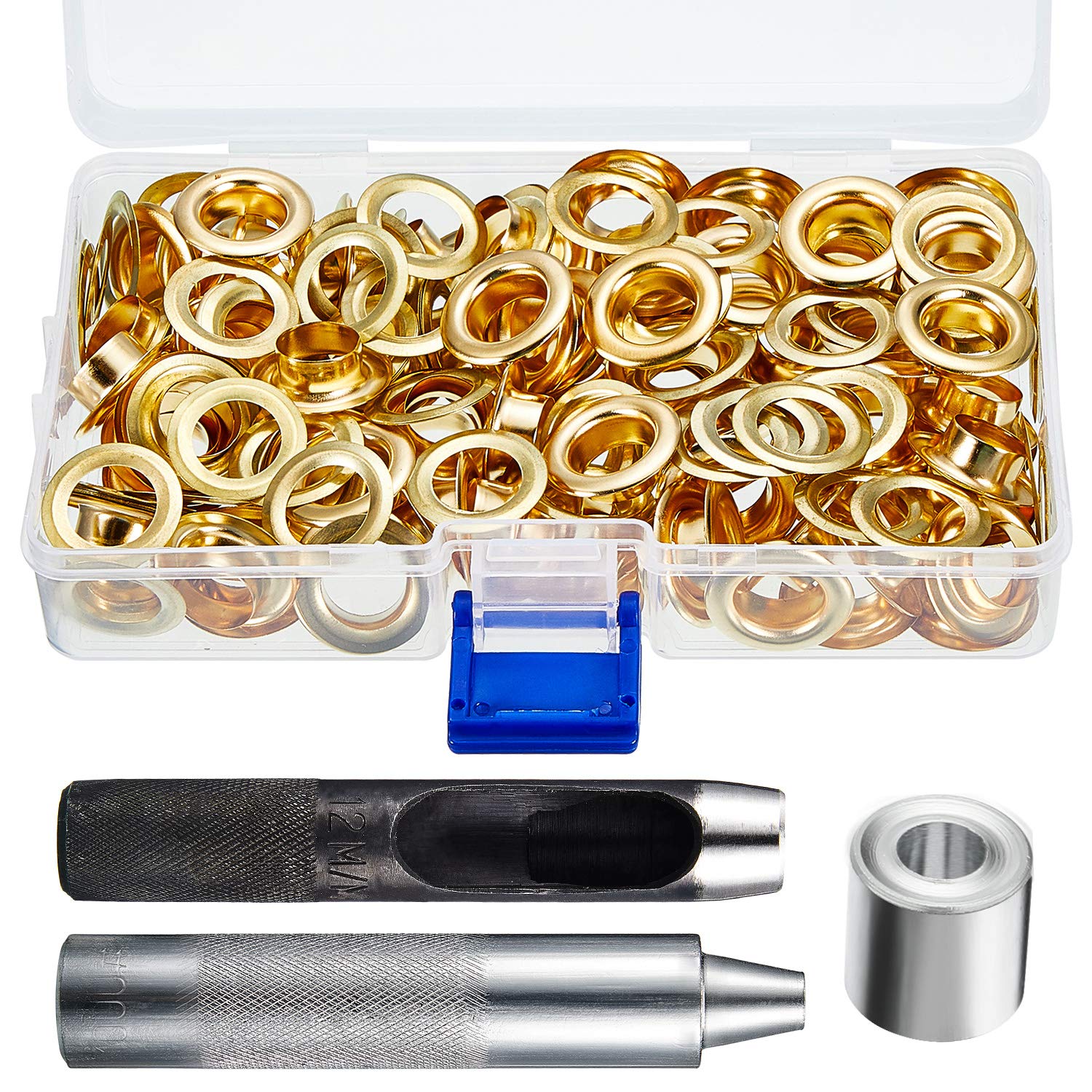 Pangda Grommet Tool Kit, Grommet Setting Tool and 100 Sets Grommets Eyelets with Storage Box (Gold, 1/2 Inch Inside Diameter)