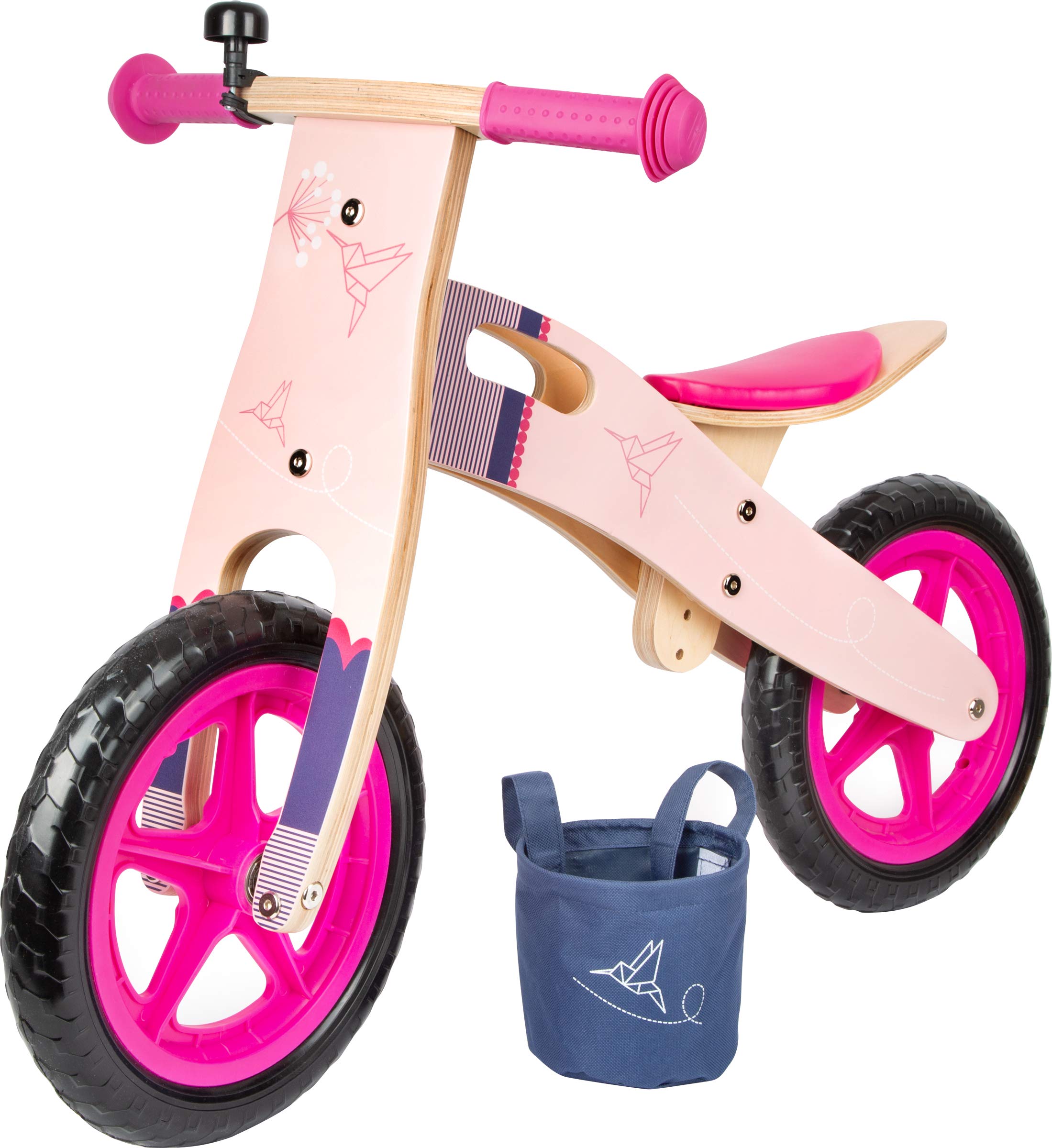 Small Foot 11613 Balance Bike Pink Hummingbird made of wood, in a modern design with an adjustable seat and rubber-finished wheels, for ages 3 years and up