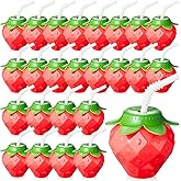 Havawish 24 Pcs Strawberry Shaped Cup with Lids and Straws, 17oz Strawberry Birthday Party Supplies Plastic Portable Reusable Cute Cups Water Bottle for Girls Women Drinking
