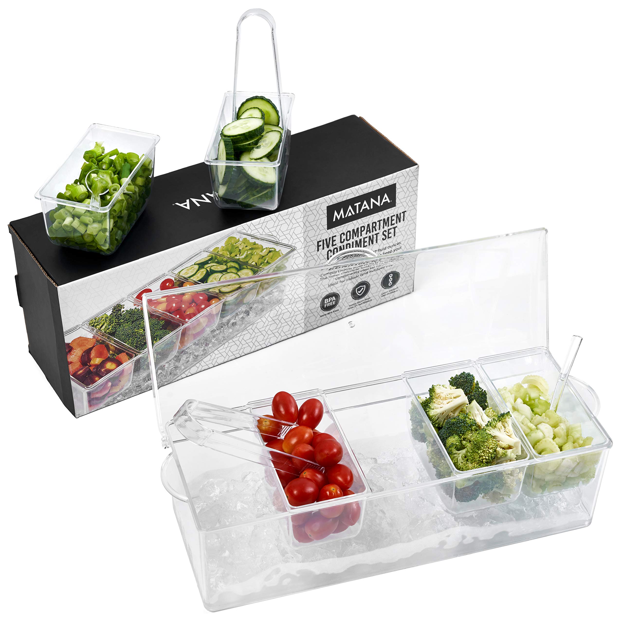 MATANA Condiment Caddy with Lid & Ice Chamber – Chilled Garnish Tray, 5 Compartments + 3 Tongs & 3 Spoons – Clear Condiment Holder/Bar Caddy Toppings Station for Cocktails, Parties & BBQs