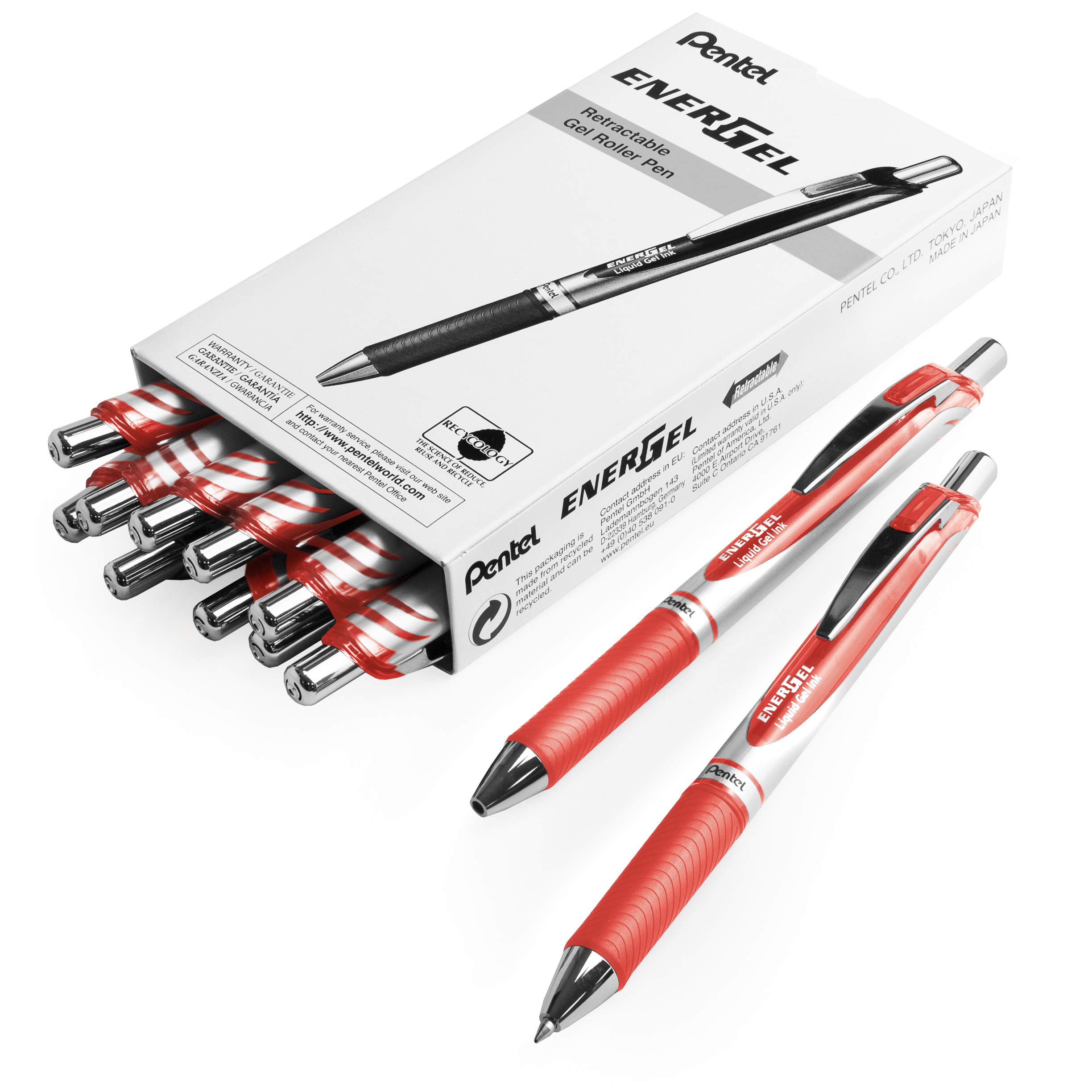 Pentel EnerGel XM BL77 - Retractable Liquid Gel Ink Pen - 0.7mm - 54% Recycled - Coral - Pack of 14