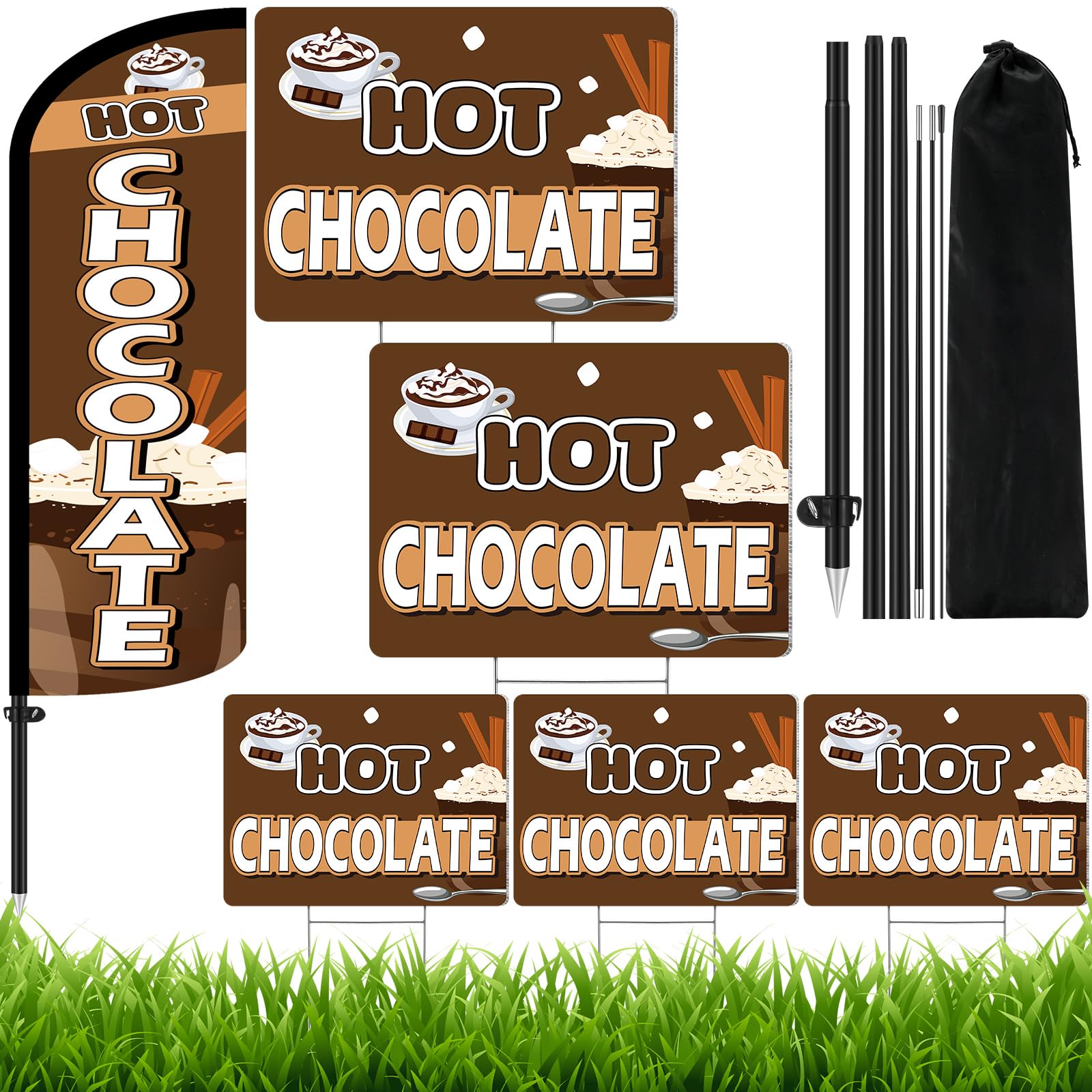 Photo 1 of * MISSING PARTS * Gilprop 6 Sets Hot Chocolate Signs, 1 Pcs 7 Feet Hot Chocolate Feather Flag Banner with Flagpole Kit, 5 Pcs 12"x16" Yard Signs & Stakes for Business, Market, Coffee Store Advertising Decor Supplies