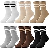 Newcotte 6 Pairs Cotton Crew Socks for Womens Striped Casual Crew Socks Brown Neutral Vintage Athletic Sock Size 5-11