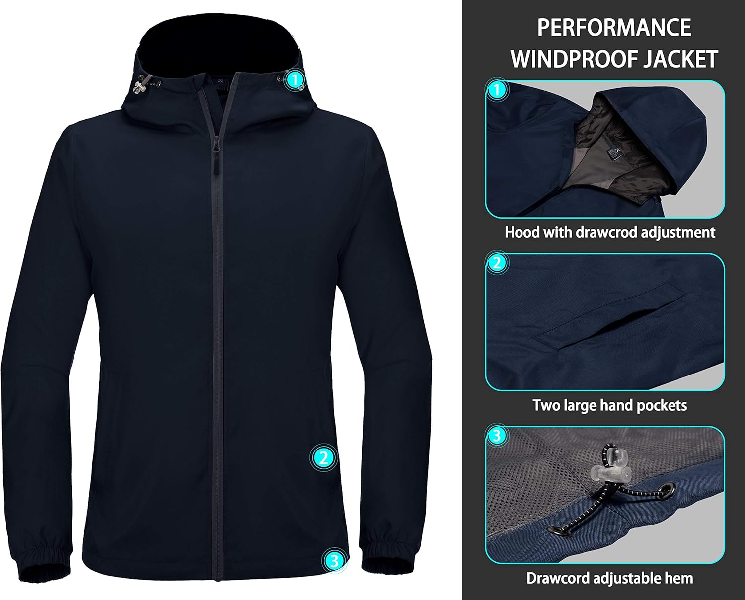 Little Donkey Andy Men’s Lightweight Breathable Windbreaker Golf Jacket with Hood UPF50+ Windproof Outdoor Running Coat: Clothing