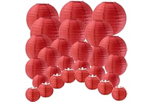 Supla 28 Pcs 5 Sizes Chinese New Year Decorative Red Paper Lanterns Hanging Chinese Japanese Lanterns Round Party Lanterns for Spring Festival Holiday Season Decorations