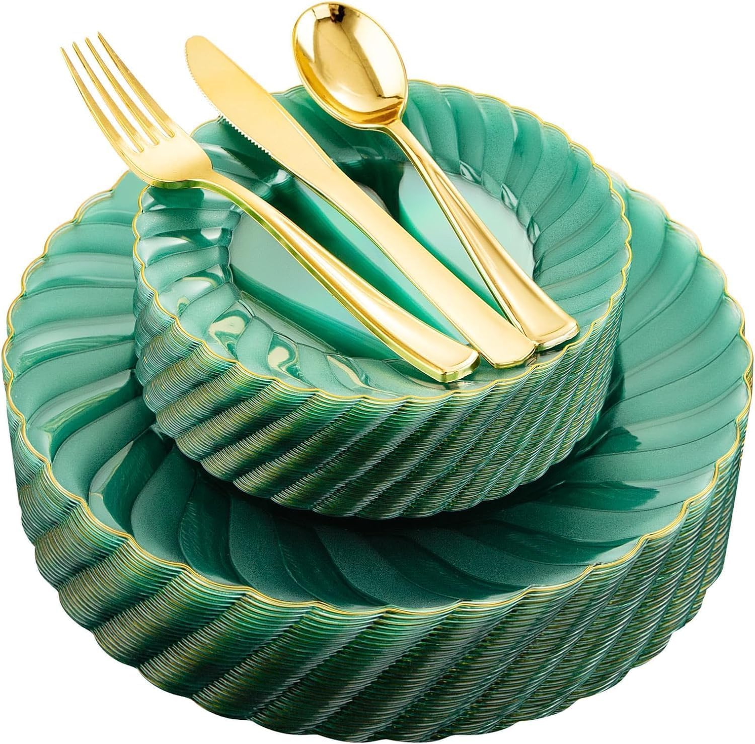 YOUBET 125PCS Clear Green Plastic Plates with Gold Rim - Green and Gold Plastic Plates Include 25 Dinner Plate 25 Dessert Plate 75 Disposable Silverwares for Wedding & Party Image