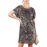 FEMI SEMI Women's Crewneck Sequin Shift Dress Short Sleeve Casual Holiday Sparkly Party Dress