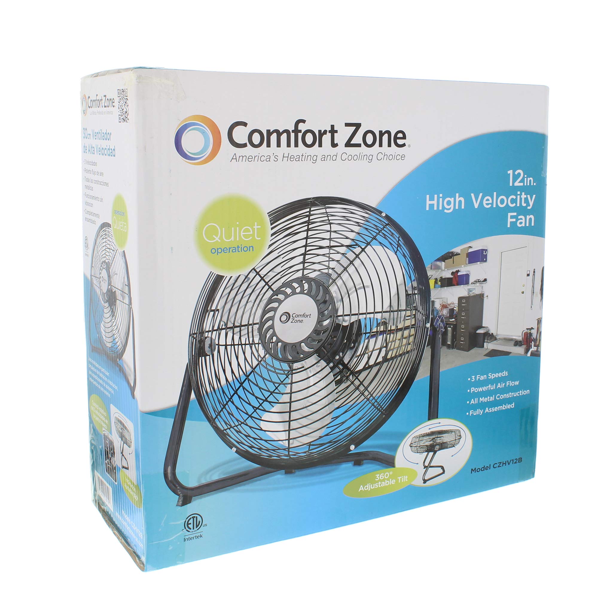 Comfort Zone 12 inch Cradle Fan, 3 Speed Floor or Table Fan with180 Degree Tilt, Metal Construction and Aluminum Blades, Carry Handle, Rubber Feet, Ideal for Bedroom, Workshop, or Garage, Black