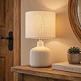 KAWOTI Ceramic Table Lamp, Off-White, 17.75" | Rustic Farmhouse, Beige Linen Shade, Warm Ambient Lighting, Bedside Nightstand