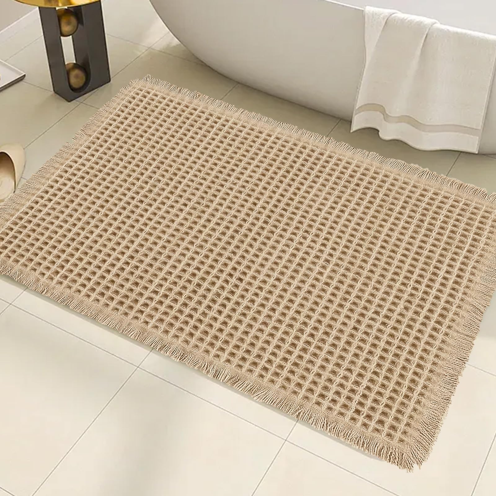 AIBIIN 18"x30" Brown Waffle Bath Mat Super Absorbent Non Slip Bathroom Rug Machine Washable Rubber Backed Bath Mats for Living Room Bathroom Doormat