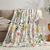 Neasow Leafy Watercolor Floral Throw Blanket Fuzzy Cozy Flannel Flower Throws for Couch Sofa Bed Chair Home Decor Gifts, Pink Green 50x60 Inch