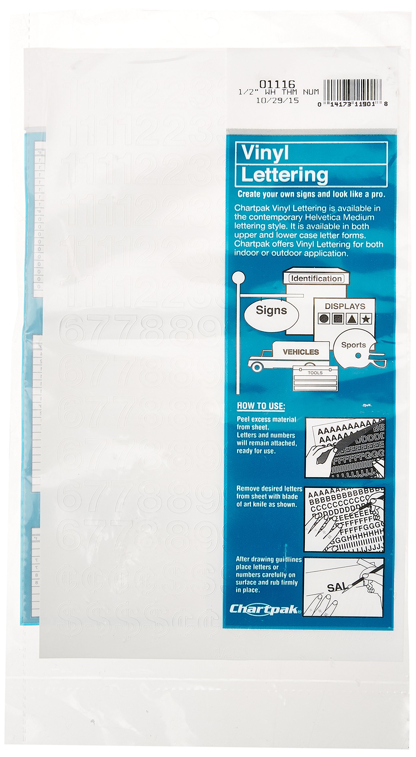 CHARTPAK Self-Adhesive Vinyl Numbers, 1/2 Inch High, White, 210 per Pack (01116)