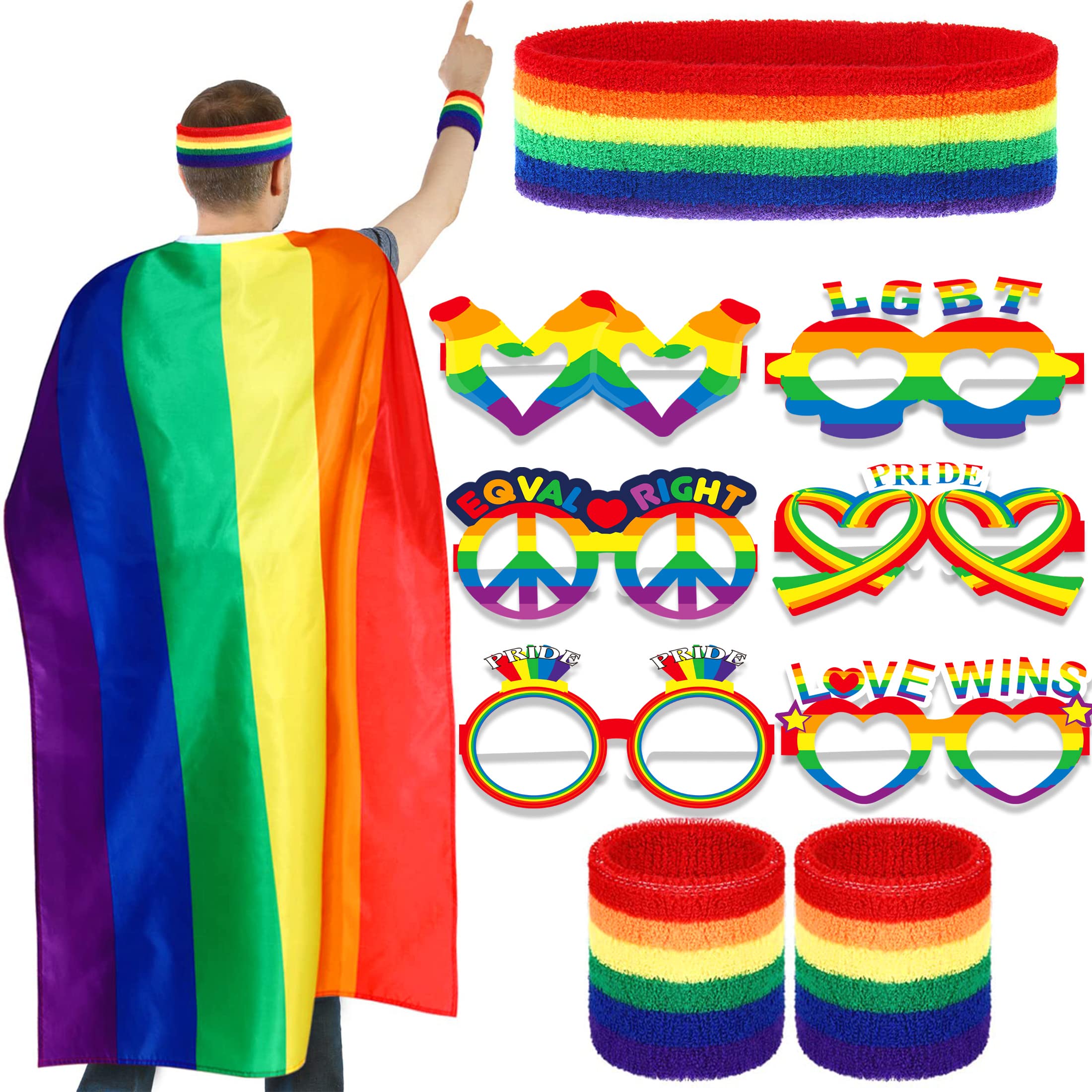 BOFYTR 10 Piece Rainbow Pride Accessory Set: Cape, Headband, Glasses, Bracelets - Adult Unisex Accessories for Pride Parades & Celebrations