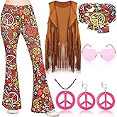 Jenaai 7 Pcs Kids 60s 70s Hippie Outfits for Girls Costume Set Boho Flared Pants Hippie Outfits Accessories Set
