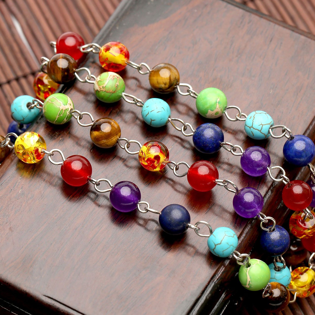 Top Plaza 7 Chakra Gemstones Tree of Life Healing Crystal Energy Yoga Balance Meditation Semi Precious Beads Necklace Bracelet Set(#1 Silver Round)