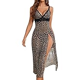 Avidlove Sexy Split Mesh Lace Floral Sheer Babydoll Lingerie Outfit Dress 2 Piece with Thong Set