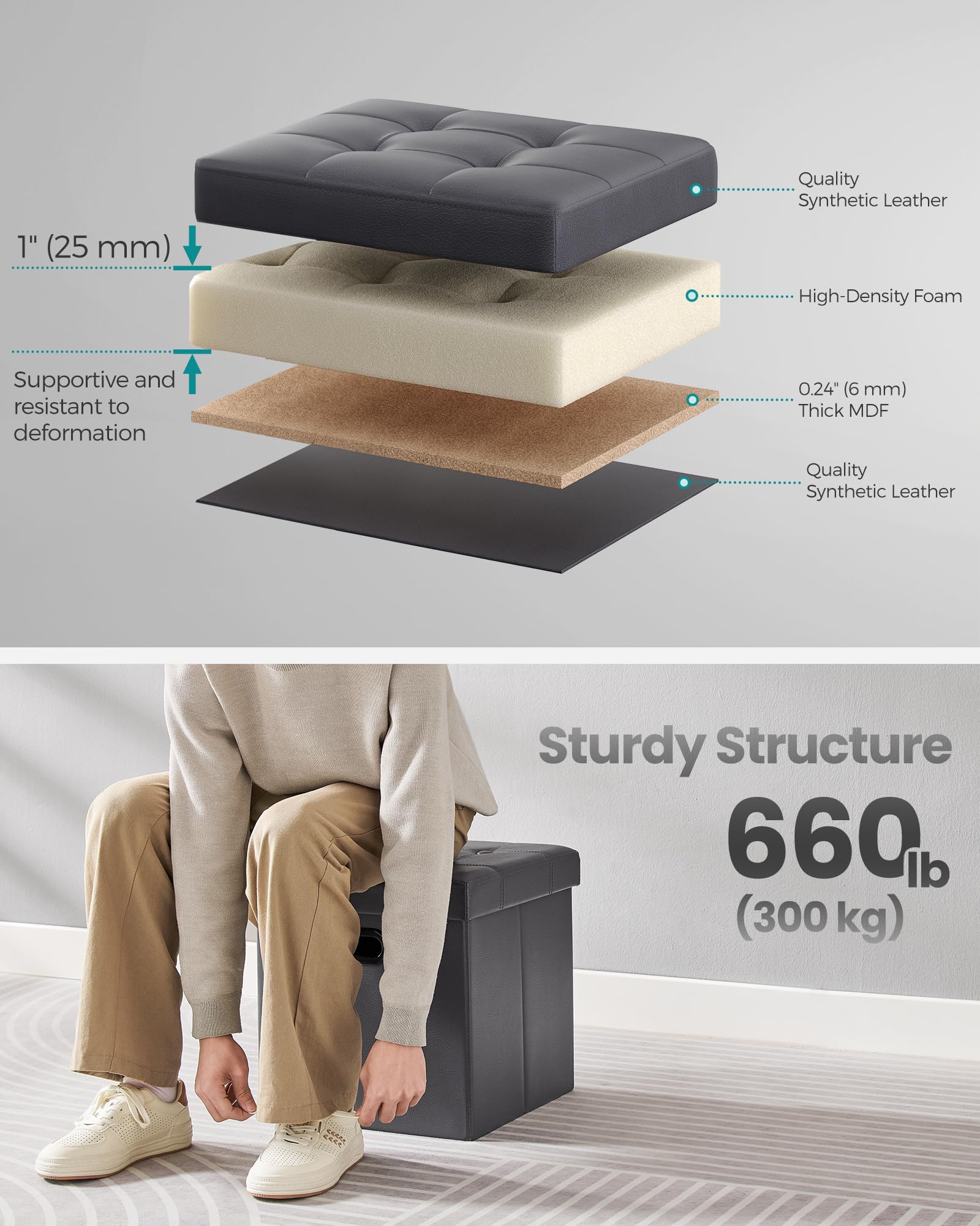 SONGMICS Mazie Collection - 15 Inches Ottoman with Storage, Footstool, Storage Ottoman with Metal Grommet Handles, Load 660 lb, for Dorm, Living Room, Bedroom, Synthetic Leather, Dark Gray ULSF030G01 - Image 3