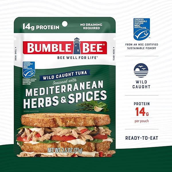 BUMBLE BEE MEDITERRANEAN HERBS & SPICES SEASONED TUNA, 2.5 OZ POUCH – READY TO EAT – WILD CAUGHT TUNA PACKET – 14G PROTEIN PER SERVING – GLUTEN FREE
