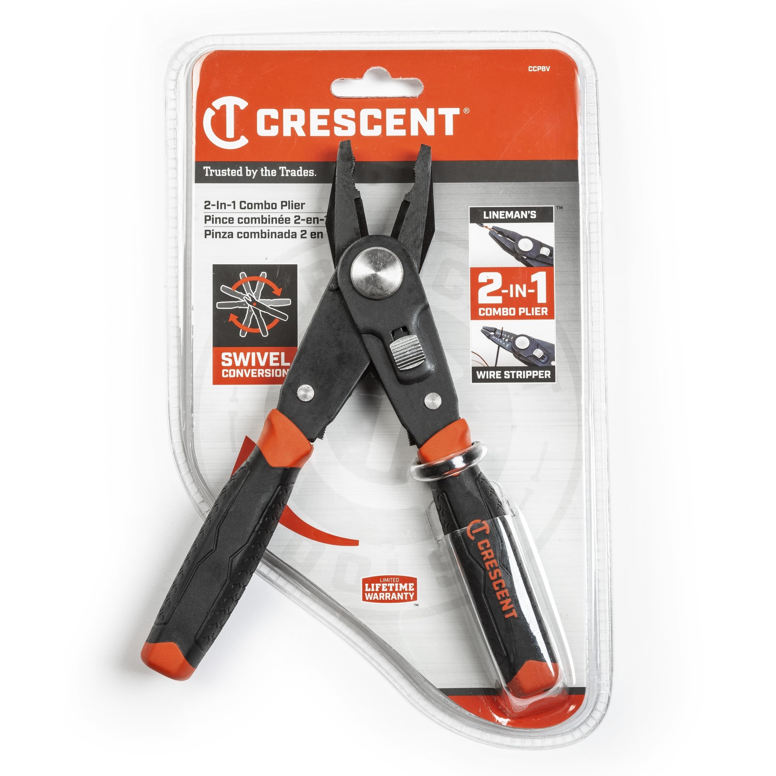 Crescent CCP8V 2 in 1 Combo Dual Material Linesman's/Combination Pliers and Wire Stripper, Red/Black