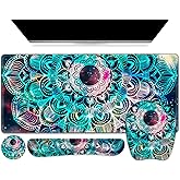 NXZGO Large Mouse Pad with Wrist Support 4 in1 Set, XXL Big Game Mousepad + Keyboard Wrist Rest+Mouse Wrist Rest+Coaster Ergonomic Gaming Mat for Home Office Table Computer I Nice Green Mandala