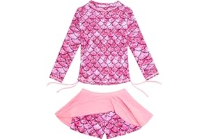 swimsobo Girls Rash Guard Two Pieces Bathing Suit Long Sleeve Swimsuit Swimming Skirt with Shorts Swimwear 3-12T