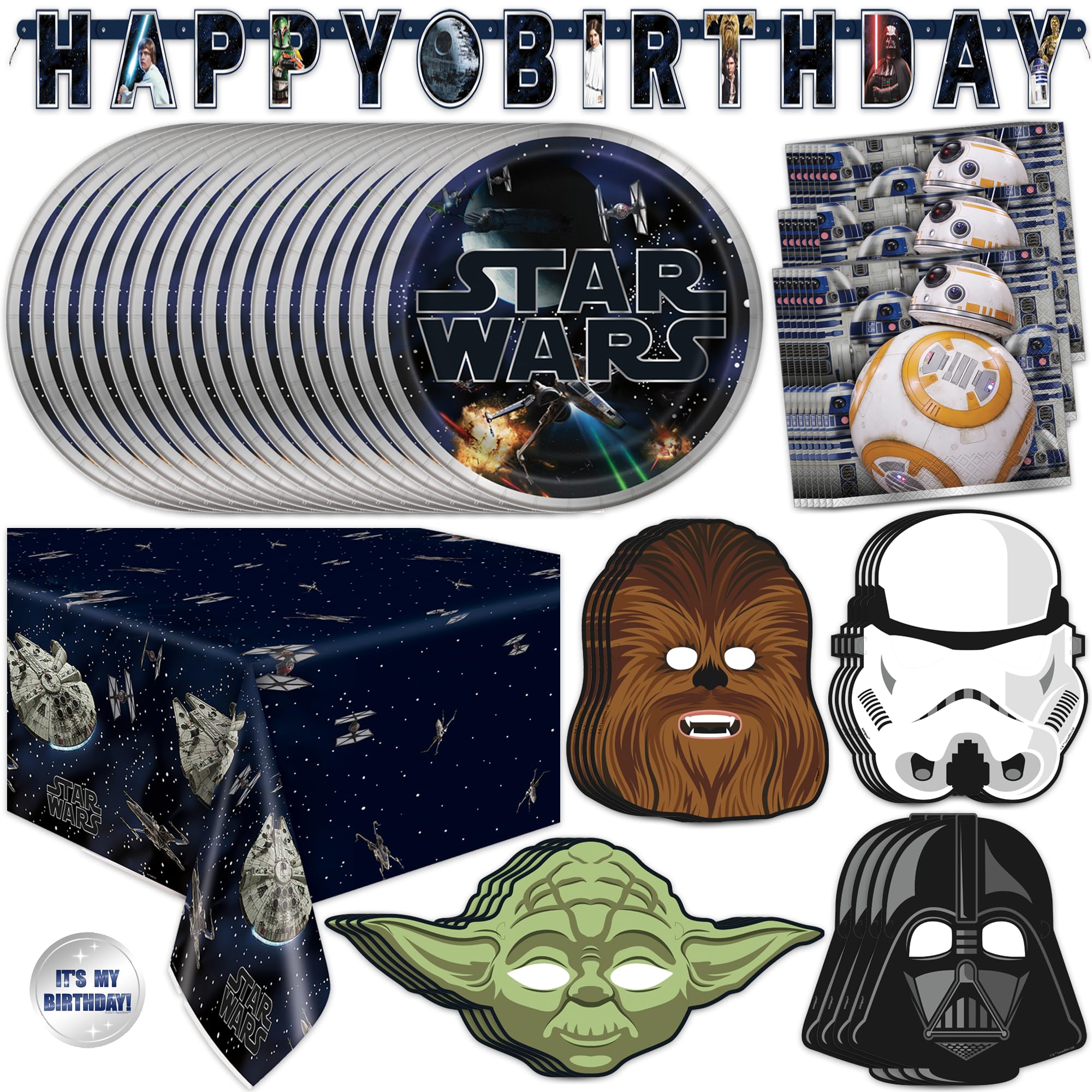Star Wars Birthday Decorations Set | With 16 Plates, 16 Napkins, 16 Masks, Banner, Tablecover, Birthday Sticker | Officially Licensed