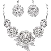 BriLove Gorgeous Stunning Crystal Layer Flower Cluster Statement Necklace Dangle Earrings Jewelry Set for Women Bridal Bridesmaid