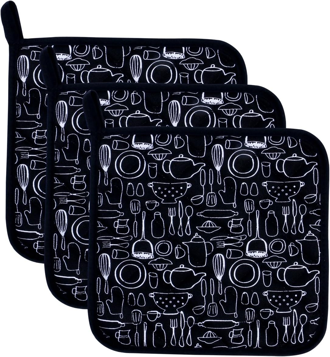 Lifaith 100% Cotton Kitchen Everyday Potholders Pot Holder Heat Resistant Coaster Potholder for Cooking and Baking 8 x 8-Inch Set of 3 Black: Home & Kitchen