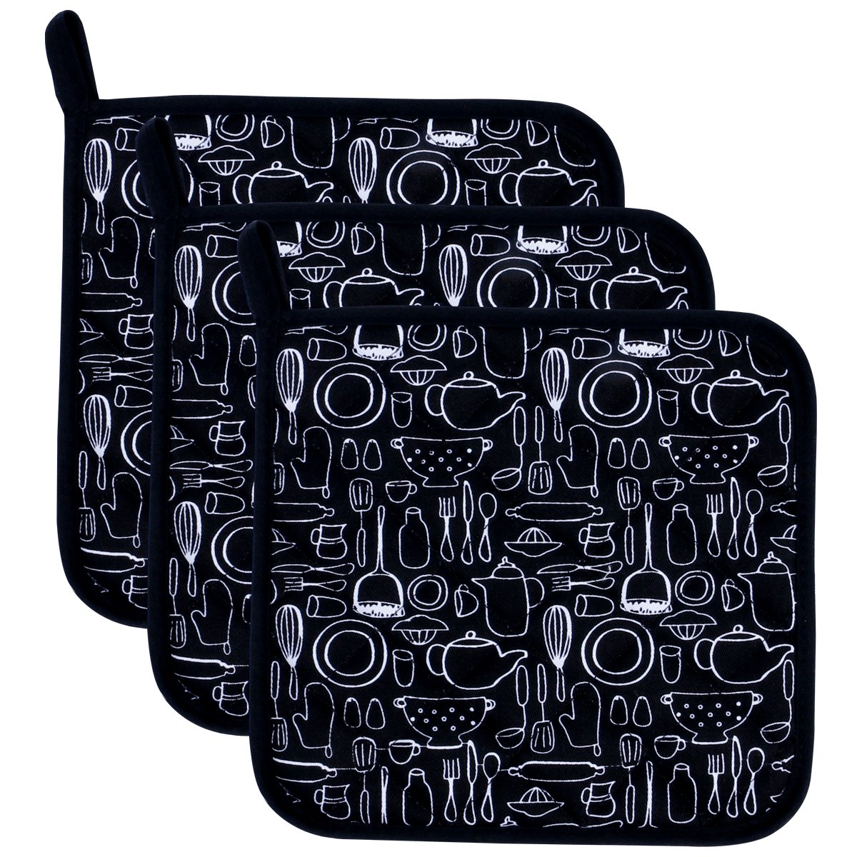 Lifaith 100% Cotton Kitchen Everyday Basic Terry Pot holder Heat Resistant Coaster Potholder for Cooking and Baking 20cmx20cm Inchs Set Of 3 Black