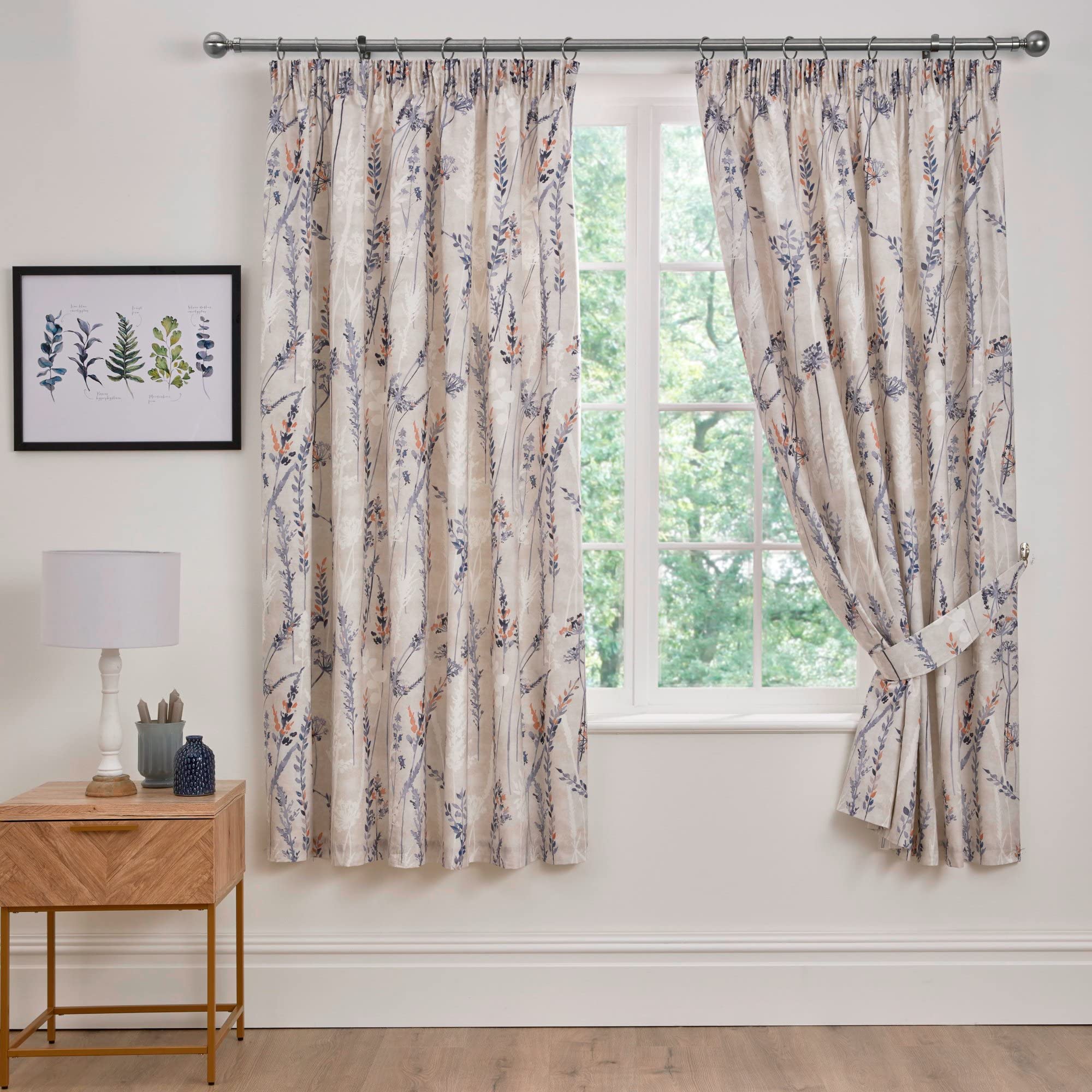 Dreams & Drapes Design - Wild Stems - Pair of Pencil Pleat Curtains With Tie-Backs - 66" Width x 72" Drop (168 x 183cm) Bed Size in Blue