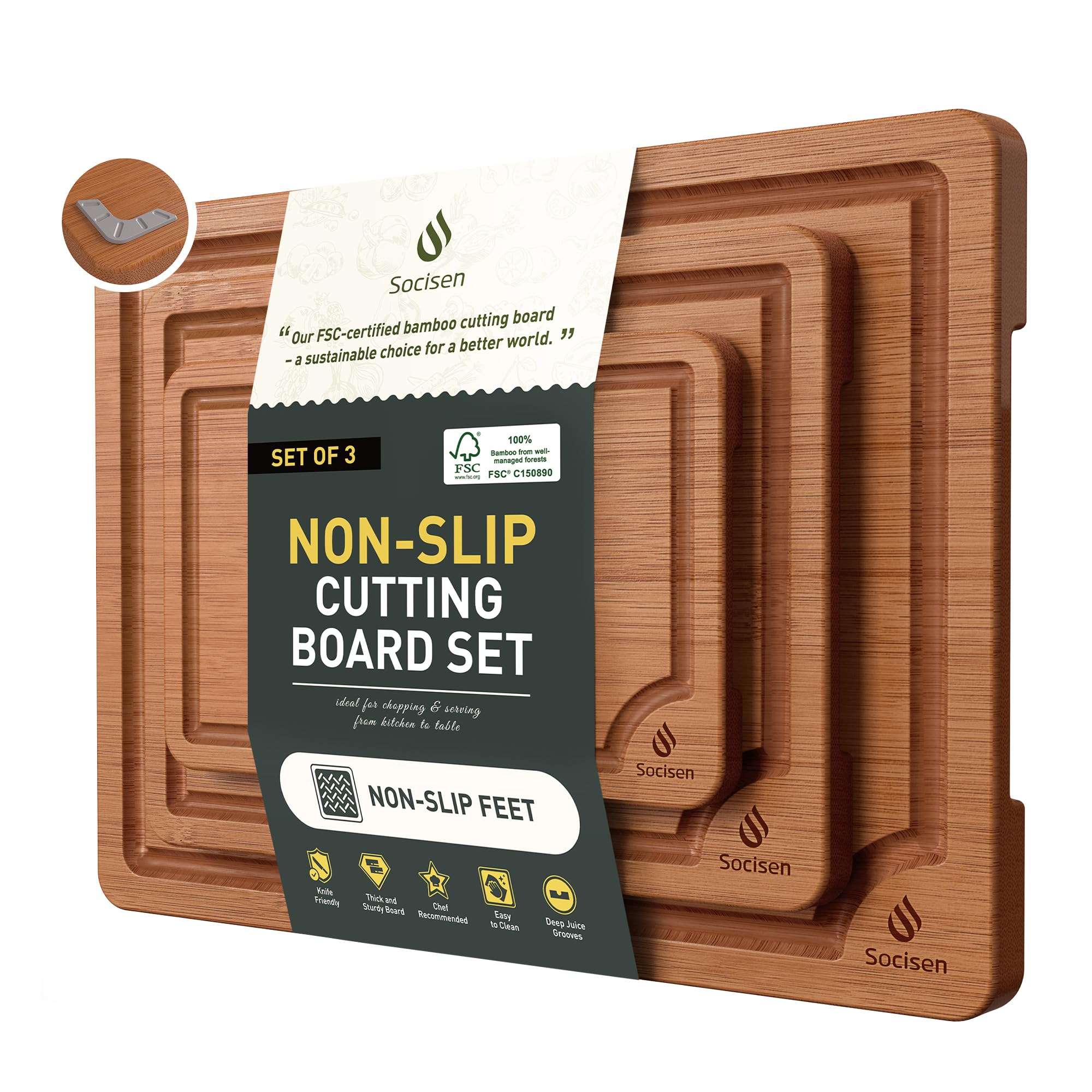 Photo 1 of 3 Packs Bamboo Cutting Board Set with Non Slip Feet and Over Sink Nice Solid Thick Wood Juice Groove Chopping Board Extra Large Big Small Best Hardwood Counter Organic Vegetable Kitchen Gadgets