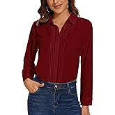 YAMANMAN Womens Button Down Shirts Long Sleeve Casual Chiffon Blouses Loose Pleated Collared Work Office Tops