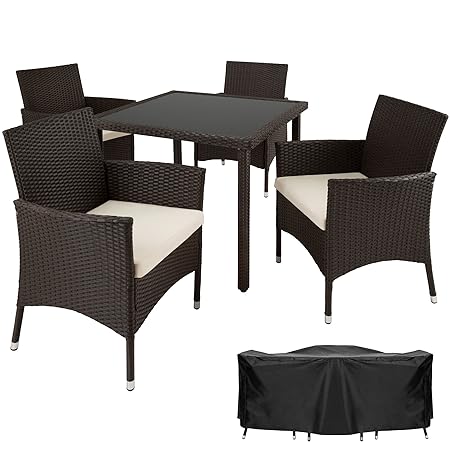 TecTake Poly Rattan Gartenmöbel Gartengarnitur Essgruppe 4+1 | mit Edelstahlschrauben - Diverse Farben - (Braun | Nr. 402042)