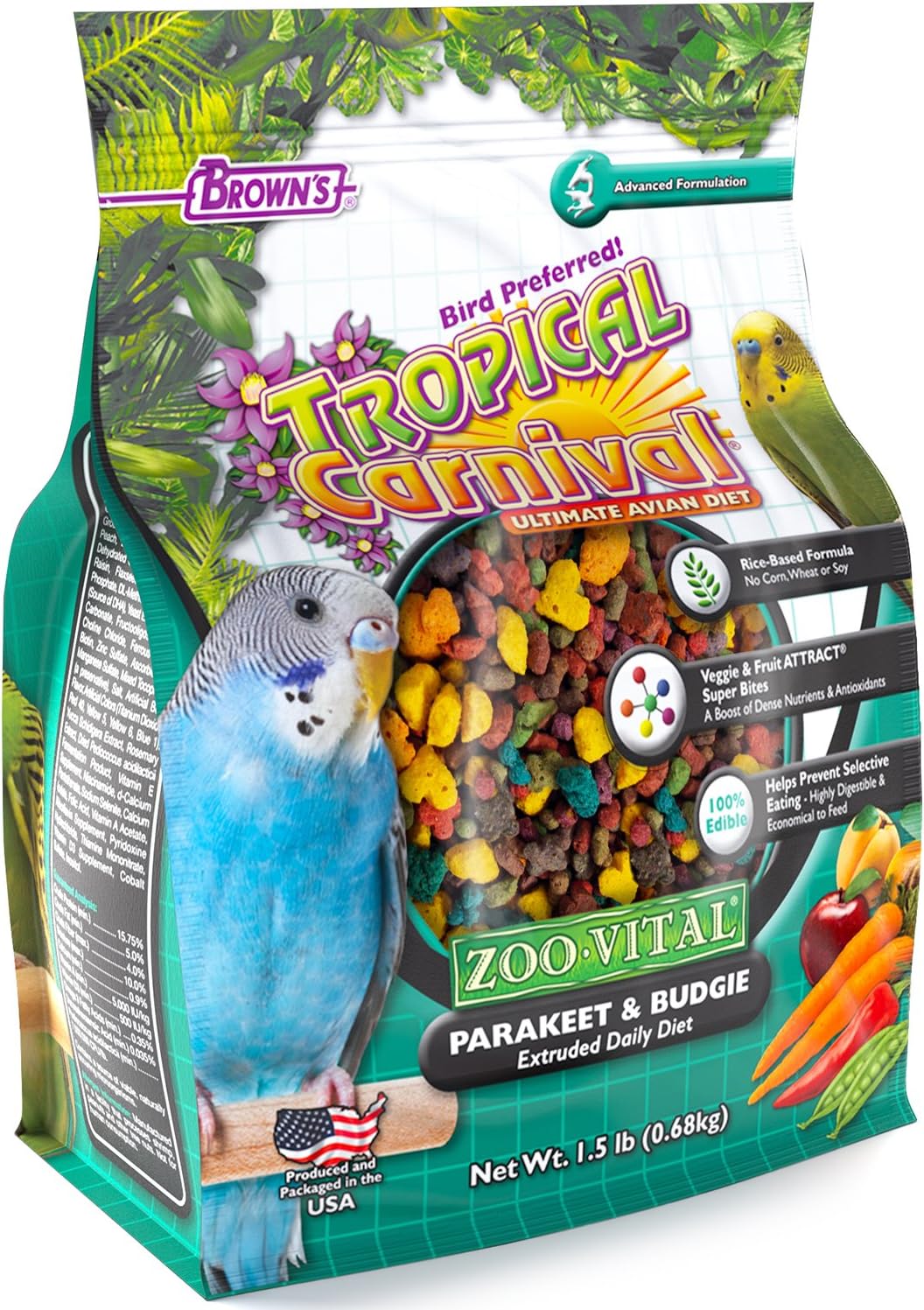 F.M. Brown's Tropical Carnival Zoo-Vital Parakeet & Budgie Pellet Daily Diet with with Probiotics for Healthy Digestion, Grain-Free, Rice-Based Formula, 100% Edible, Prevents Selective Eating