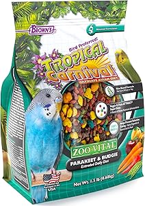 F.M. Brown's Tropical Carnival Zoo-Vital Parakeet & Budgie Pellet Daily Diet with with Probiotics for Healthy Digestion, Grain-Free, Rice-Based Formula, 100% Edible, Prevents Selective Eating