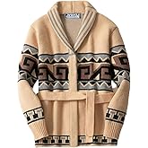 Men's Southwestern Aztec Cardigan Sweater, Red Geometric Pattern, Shawl Collar, Long Sleeve, Belted Knit Jacket, Retro Style