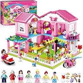 Friends Pink House Building Sets for Girls 6-12, Compatible with Lego | Seaside Villa House Come with 7 Minifigures Dolls, Motorcycle and Kitchen Accessories, STEM Educational Toy