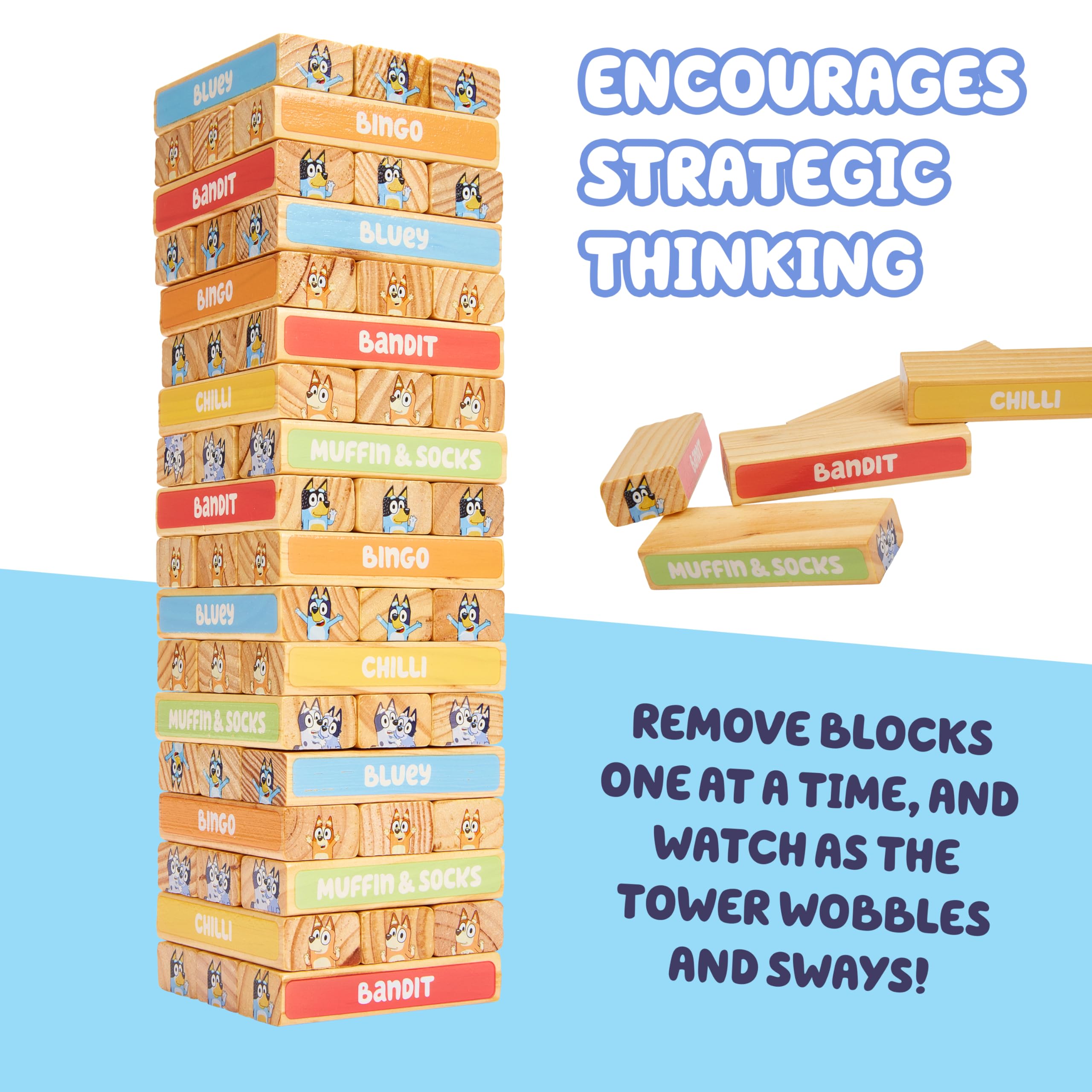 Bluey 8th Wonder Stackable Tumbling Tower Game, Robust Wooden Stacking Game with 54 Illustrated Colored Blocks, Fun Balancing Toy for Kids Ages 3+