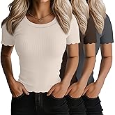 Huukeay 3 Pack Women's Ribbed Knit Crop Tops Lettuce Trim Round Neck Short Sleeve Shirts Summer Slim Fitted Casual Basic Tees