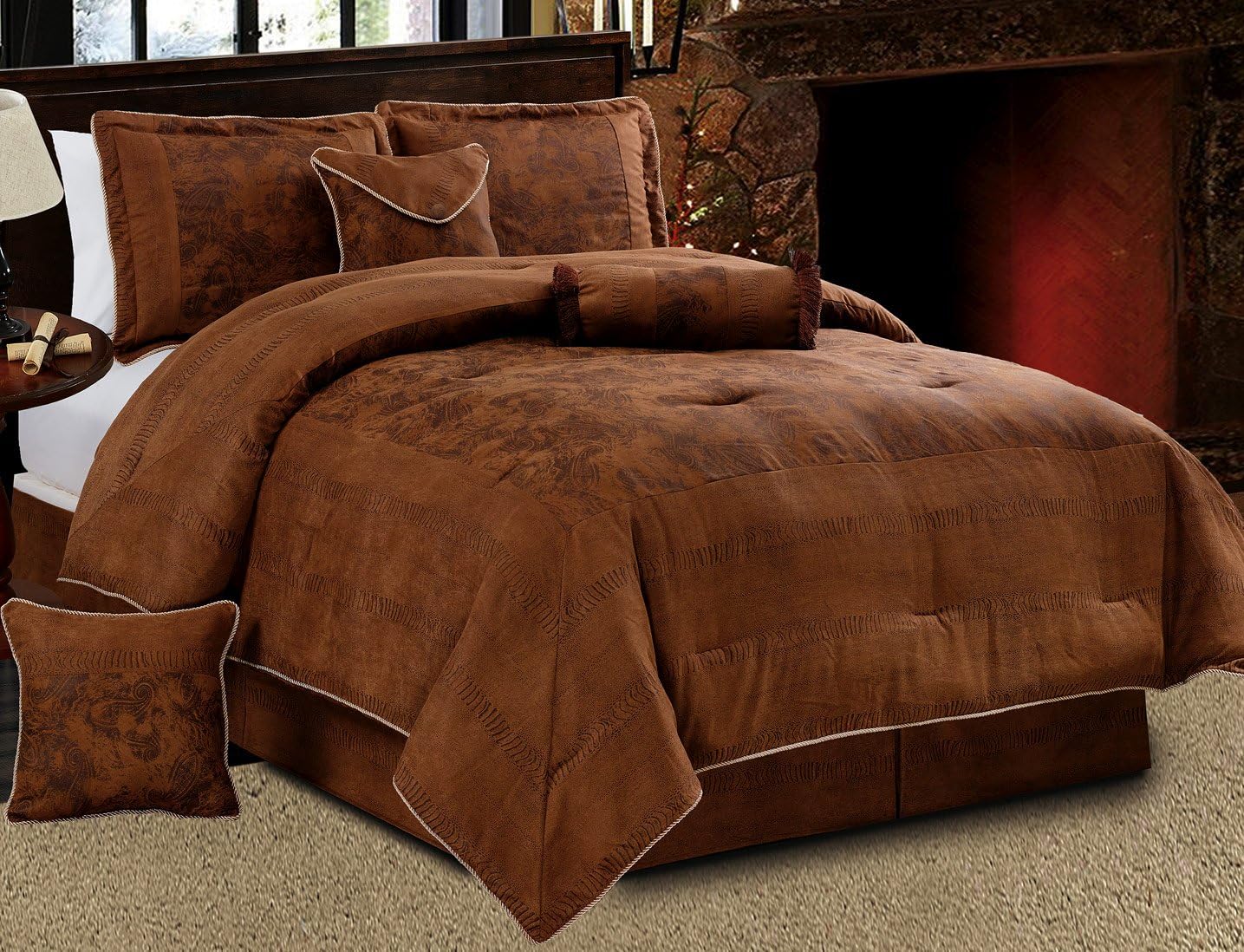 Amazon Com Grand Linen 7 Piece Dark Brown Embossed Faux Suede