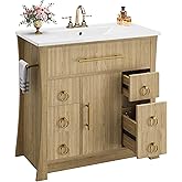 IRONCK 36" Bathroom Vanity with Sink, Freestanding Bathroom Sink Cabinet with 4 Drawers & 1 Flip-Down Drawer, Wood Grain Text